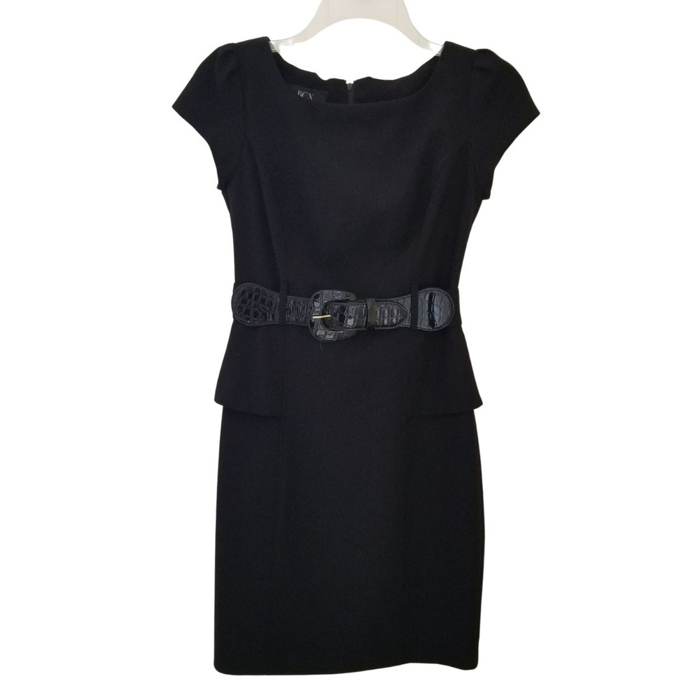 BCX Black Dress Jr Womens 3 Belted Cap Sleeve Side Peplum Lined Stretch